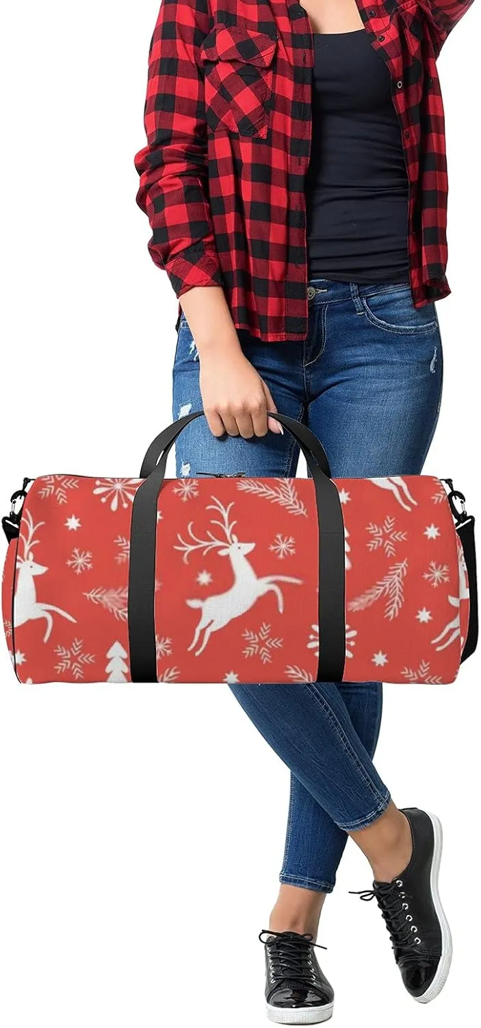Sports Gym Bag for Women and Men Waterproof Christmas Pattern Red Duffel Bag Lightweight Carryon Traveling Boarding Gripsack
