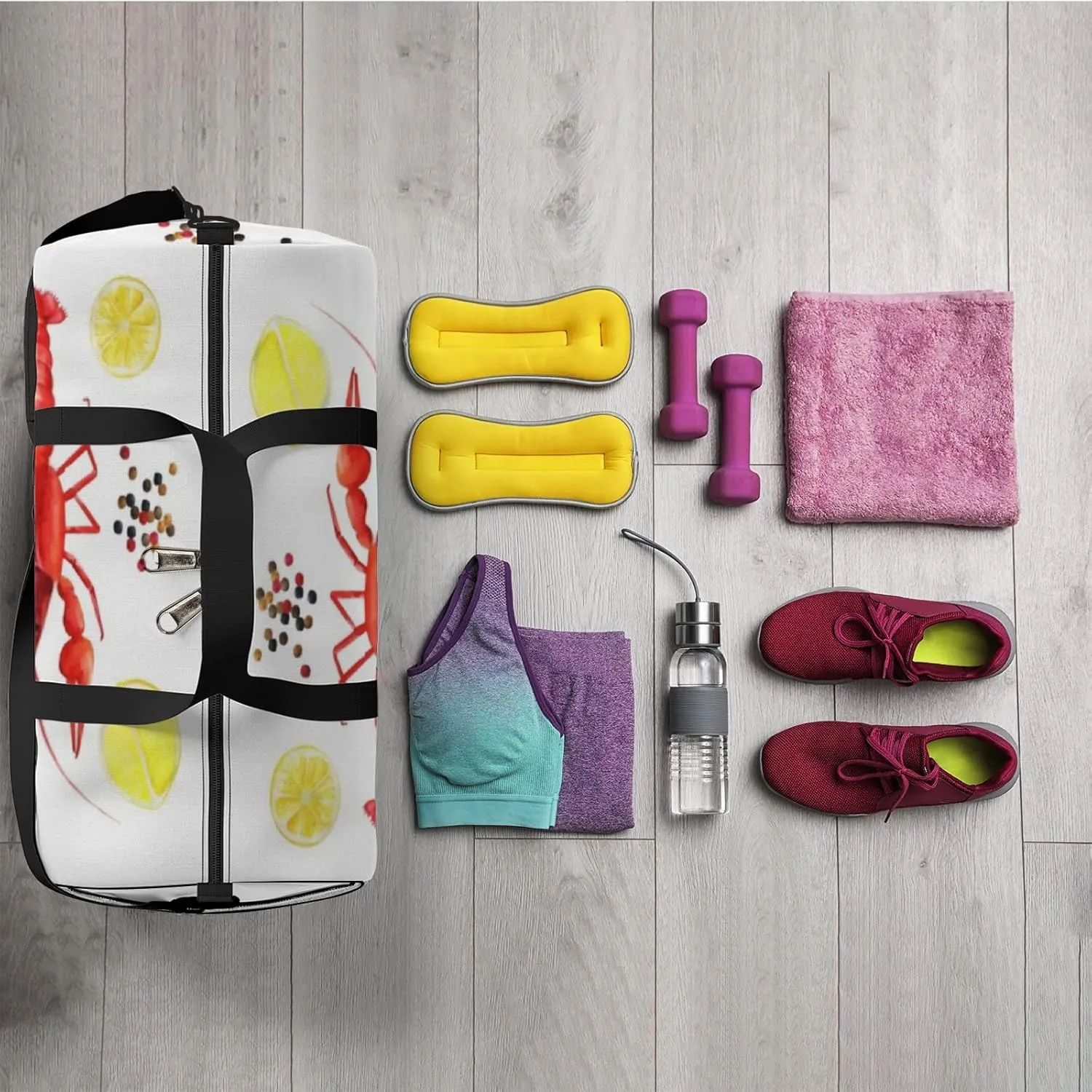 Sports Gym Bag for Women and Men Waterproof Crayfish Watercolor White Duffel Bag Lightweight Carryon Traveling Boarding Gripsack