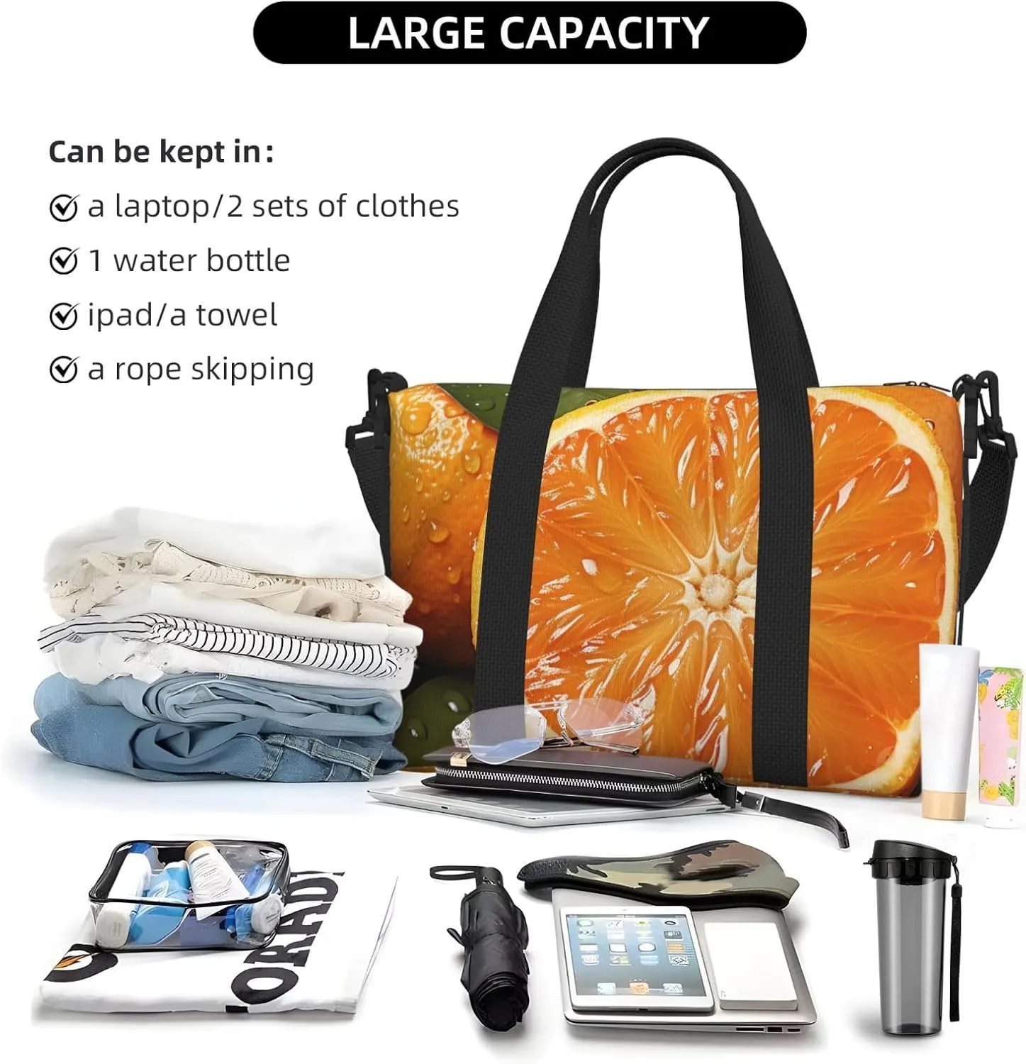 Sports Gym Bag for Women Men Travel Duffel Bag Tote Weekender Bag Carry on Overnight Bag for Travel Swimming Fitness Workout Sports Orange Duffle Bag