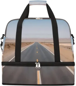 Sports Gym Bag Landscape Highway Large Travel Duffel Bag With Shoe Compartment Foldable Waterproof Carry-On Weekend Travel Bags for Camping Overnight Yoga Hospital Travel Bags