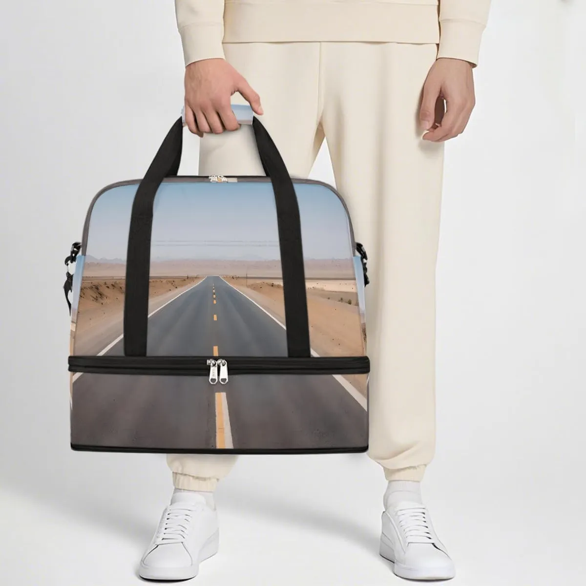 Sports Gym Bag Landscape Highway Large Travel Duffel Bag With Shoe Compartment Foldable Waterproof Carry-On Weekend Travel Bags for Camping Overnight Yoga Hospital Travel Bags