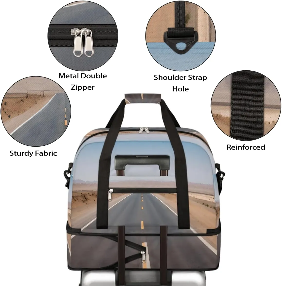 Sports Gym Bag Landscape Highway Large Travel Duffel Bag With Shoe Compartment Foldable Waterproof Carry-On Weekend Travel Bags for Camping Overnight Yoga Hospital Travel Bags