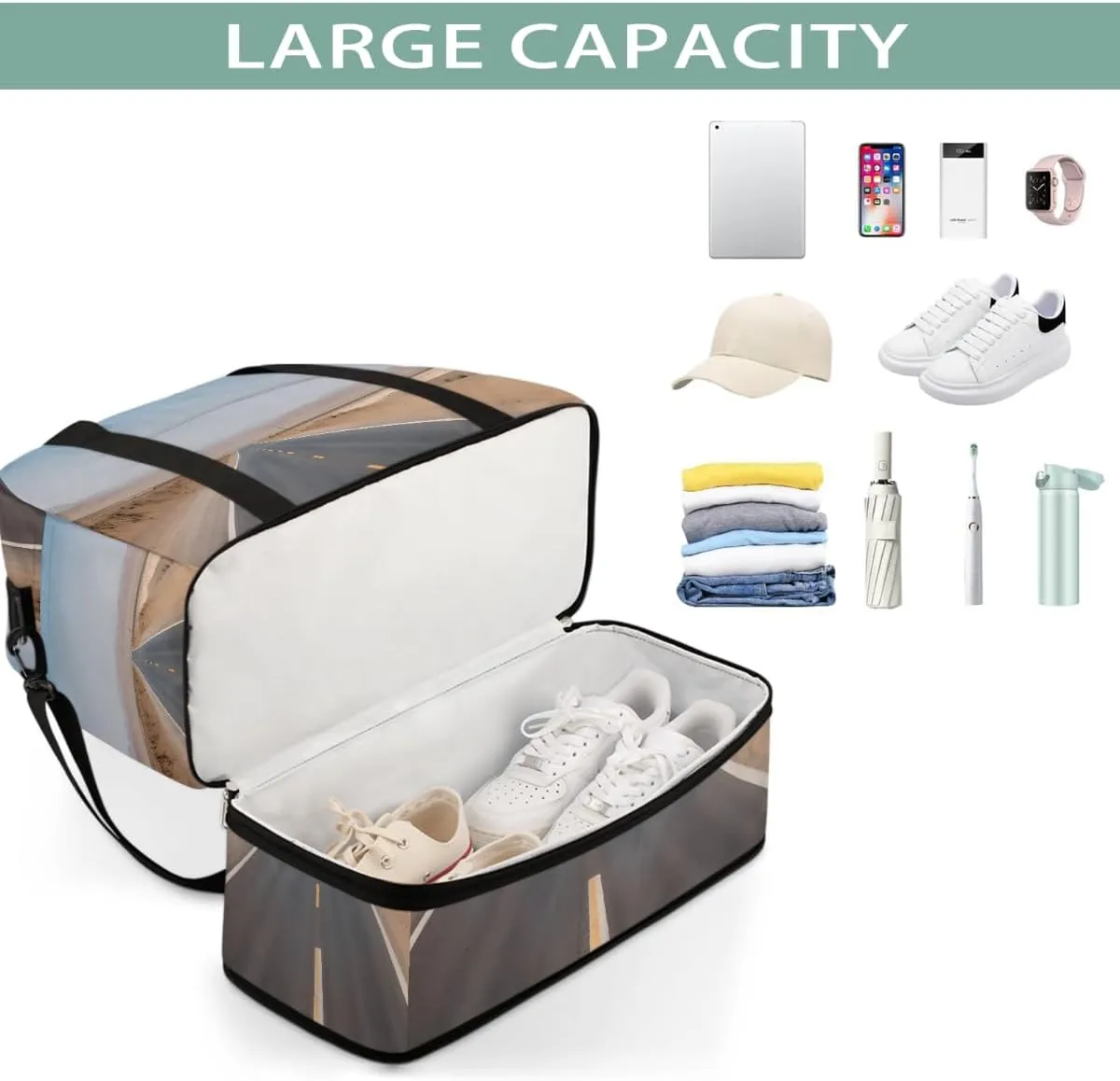 Sports Gym Bag Landscape Highway Large Travel Duffel Bag With Shoe Compartment Foldable Waterproof Carry-On Weekend Travel Bags for Camping Overnight Yoga Hospital Travel Bags