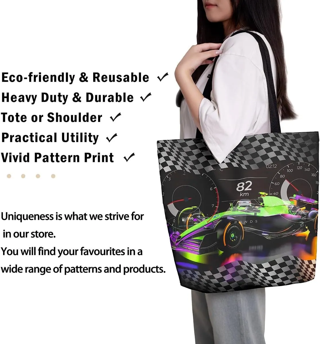 Sports Race Car Canvas Tote Bag,Cool Racing Car Shoulder Handbags for Shopping Gym,Large Capacity Travel Bag