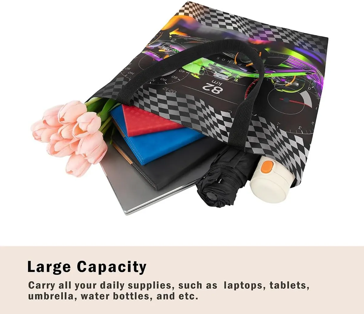 Sports Race Car Canvas Tote Bag,Cool Racing Car Shoulder Handbags for Shopping Gym,Large Capacity Travel Bag