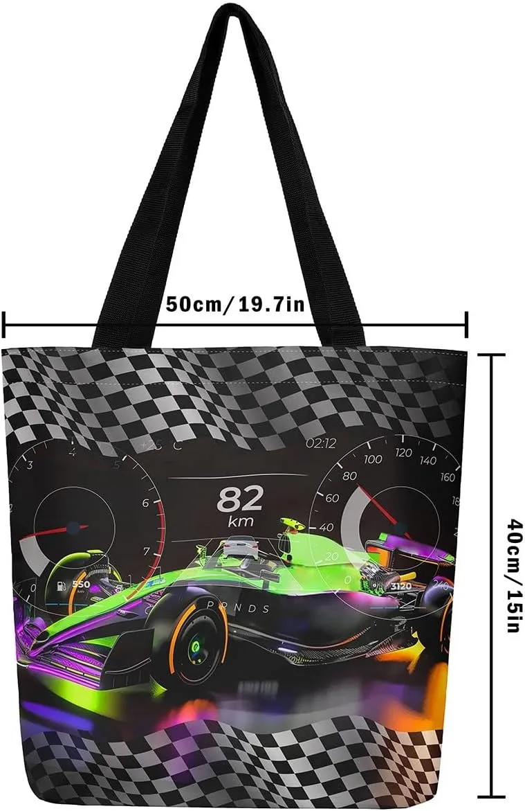 Sports Race Car Canvas Tote Bag,Cool Racing Car Shoulder Handbags for Shopping Gym,Large Capacity Travel Bag