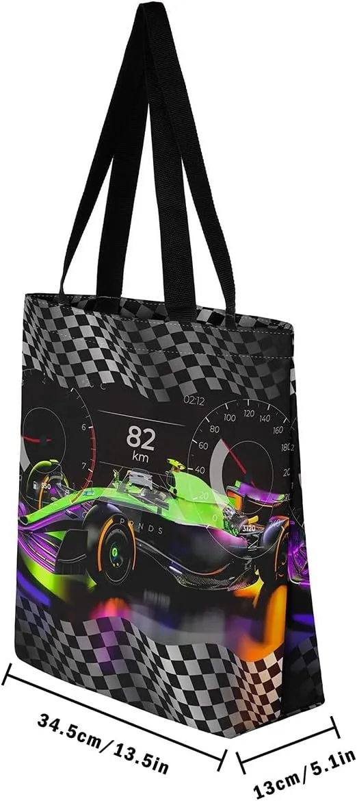 Sports Race Car Canvas Tote Bag,Cool Racing Car Shoulder Handbags for Shopping Gym,Large Capacity Travel Bag