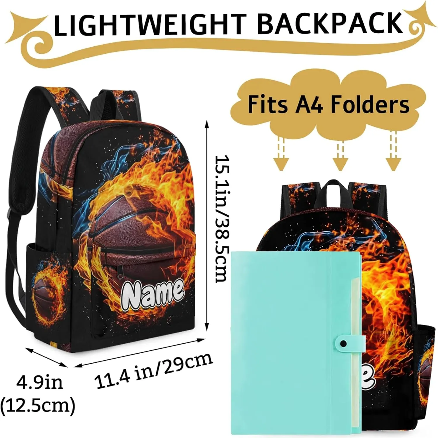 Sports Theme Basketball Personalized Backpack Bag with Name Lightweight Custom Shoulder Bags Waterproof Casual Backpacks Travel Laptop Bag 15.1in