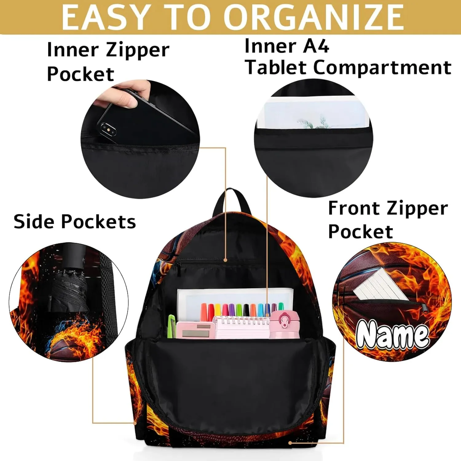 Sports Theme Basketball Personalized Backpack Bag with Name Lightweight Custom Shoulder Bags Waterproof Casual Backpacks Travel Laptop Bag 15.1in