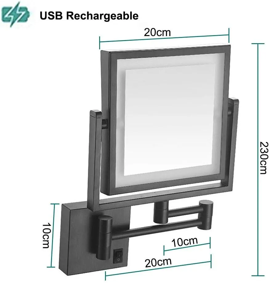 Square Bathroom Mirror Shaving Mirrors Make Up Wall Mounted USB Rechargeable LED Illuminated Mirror 3X Magnifying Simply and Luxury Decorate for Hotel Vanity Two Swivel