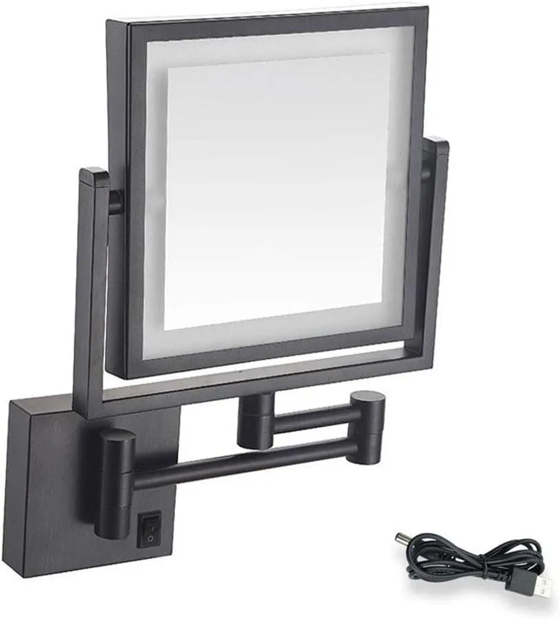 Square Bathroom Mirror Shaving Mirrors Make Up Wall Mounted USB Rechargeable LED Illuminated Mirror 3X Magnifying Simply and Luxury Decorate for Hotel Vanity Two Swivel