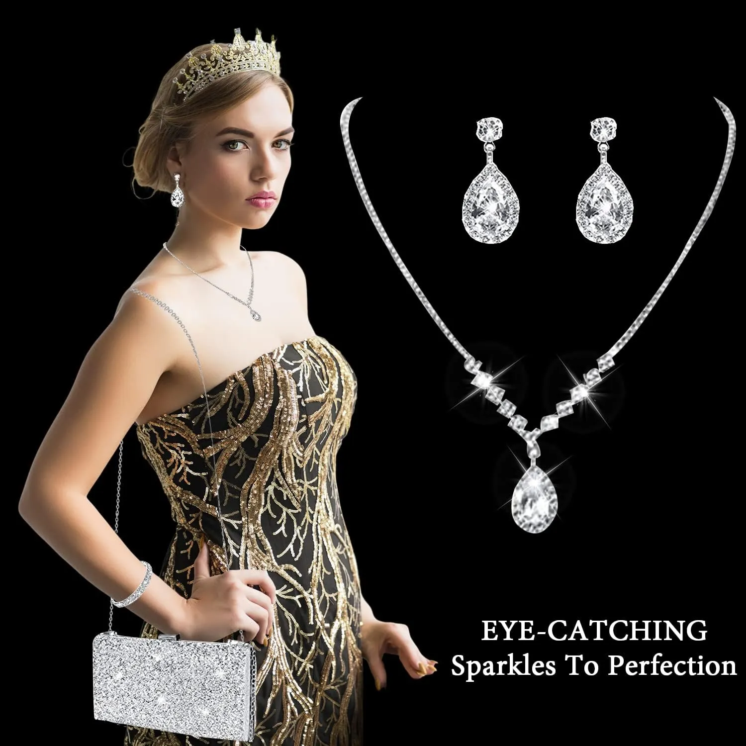stablerice 4 Pieces Women Rhinestone Evening Clutch Bag Silver Clutch Purses Bag for Women Evening Rhinestone Jewelry Set