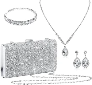 stablerice 4 Pieces Women Rhinestone Evening Clutch Bag Silver Clutch Purses Bag for Women Evening Rhinestone Jewelry Set