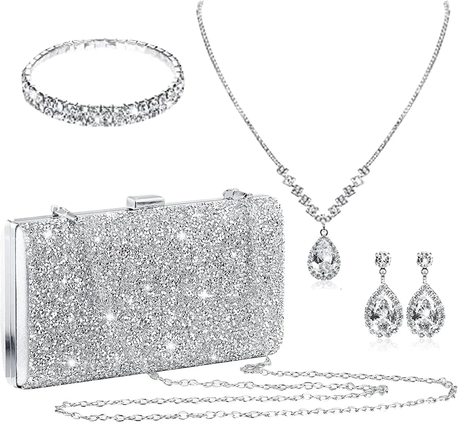 stablerice 4 Pieces Women Rhinestone Evening Clutch Bag Silver Clutch Purses Bag for Women Evening Rhinestone Jewelry Set
