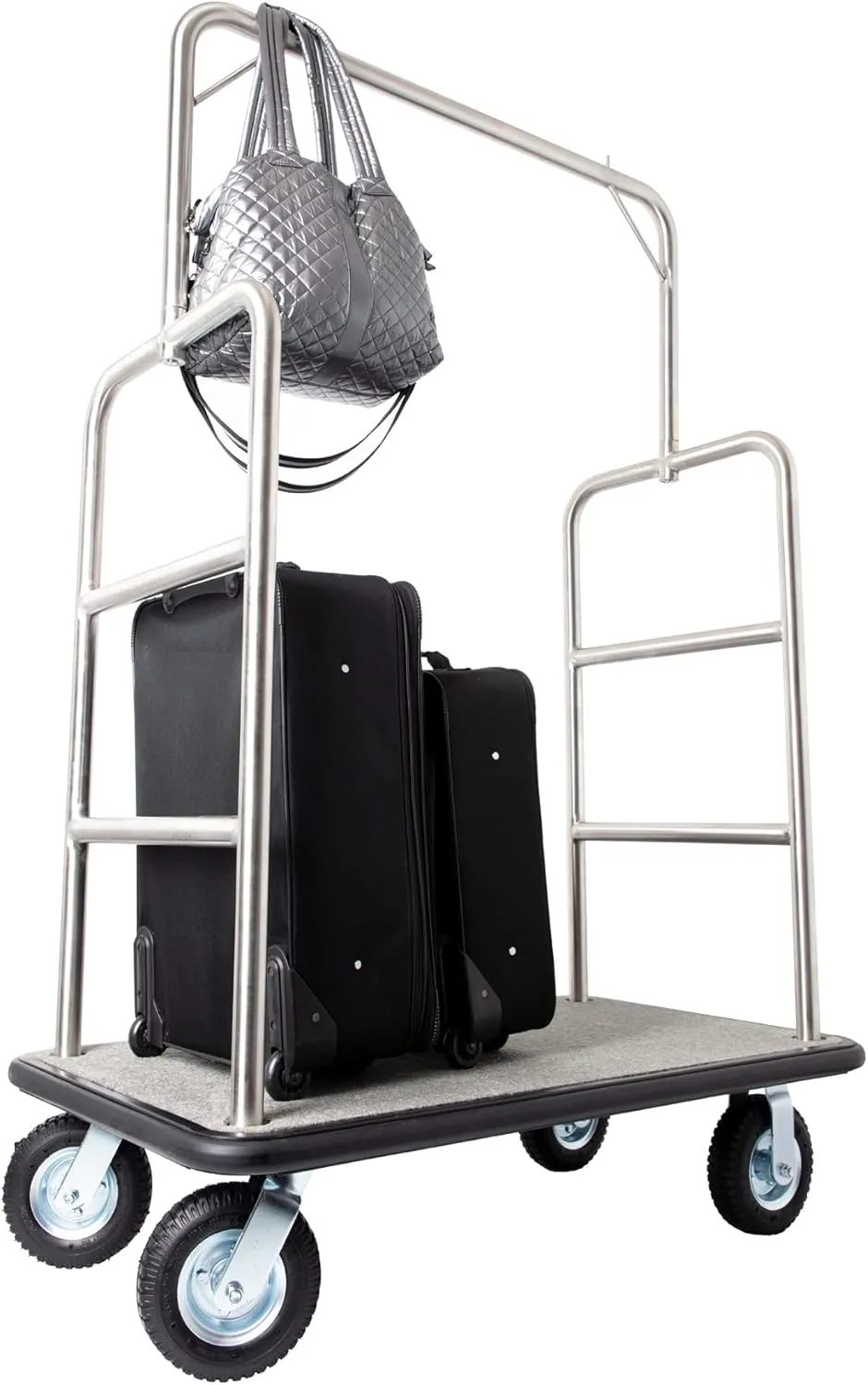 Stainless Steel Luggage Cart – Hotel Bellman Heavy Duty 1.5" Welded Steel Frame Valet Cart w/Grey Carpeted Deck & Rubber Wheels – Wheels for Travel & Outdoor Use - 1200 lb