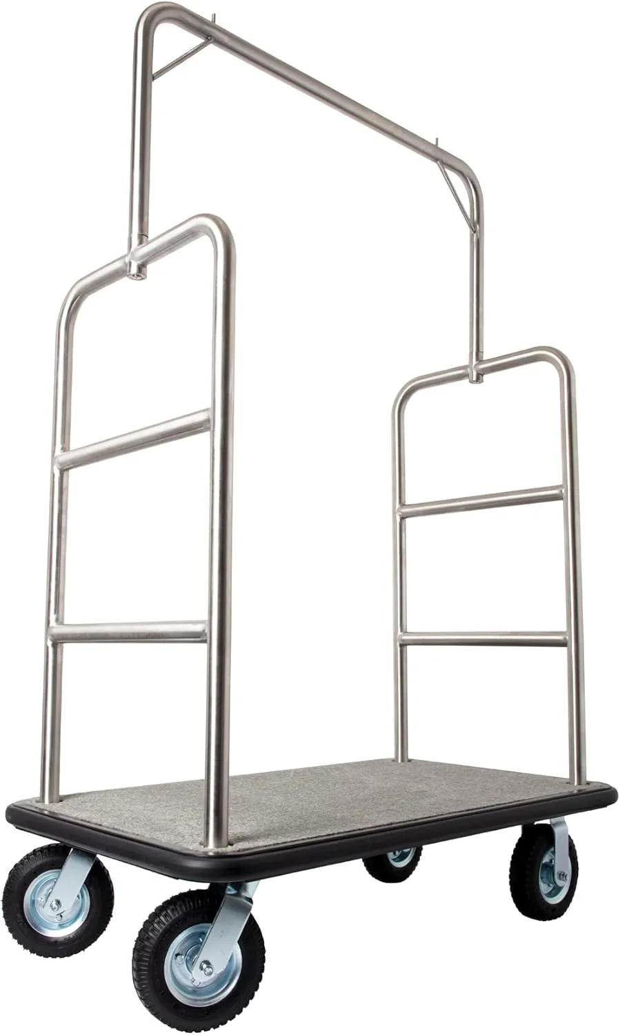 Stainless Steel Luggage Cart – Hotel Bellman Heavy Duty 1.5" Welded Steel Frame Valet Cart w/Grey Carpeted Deck & Rubber Wheels – Wheels for Travel & Outdoor Use - 1200 lb