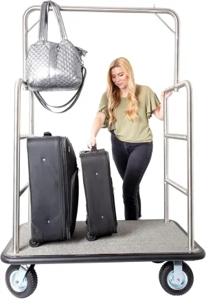 Stainless Steel Luggage Cart – Hotel Bellman Heavy Duty 1.5" Welded Steel Frame Valet Cart w/Grey Carpeted Deck & Rubber Wheels – Wheels for Travel & Outdoor Use - 1200 lb