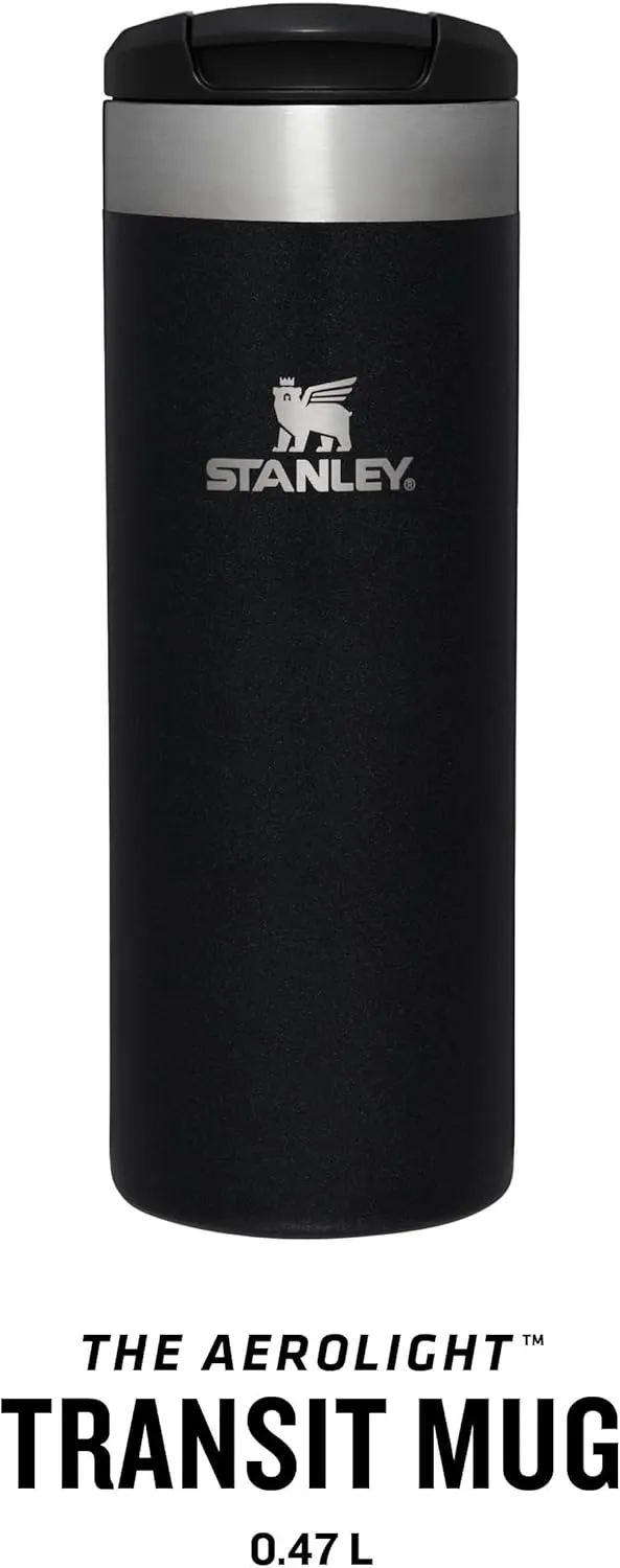 Stanley Aerolight Transit Travel Mug 0.47L - Keeps 6 Hours Hot - 8 Hours Cold - Dishwasher Safe - Leakproof - Car Cup Holder Compatible - Insulated Coffee Cup - Black Metallic
