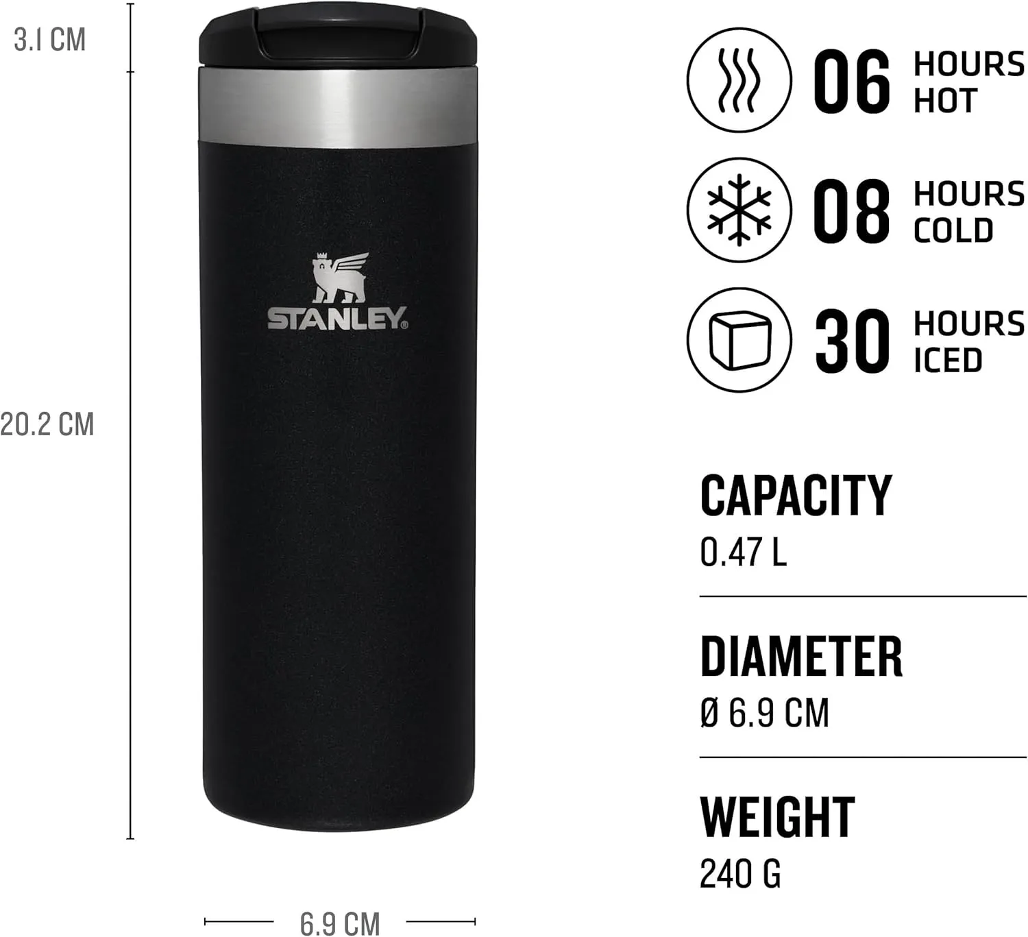 Stanley Aerolight Transit Travel Mug 0.47L - Keeps 6 Hours Hot - 8 Hours Cold - Dishwasher Safe - Leakproof - Car Cup Holder Compatible - Insulated Coffee Cup - Black Metallic