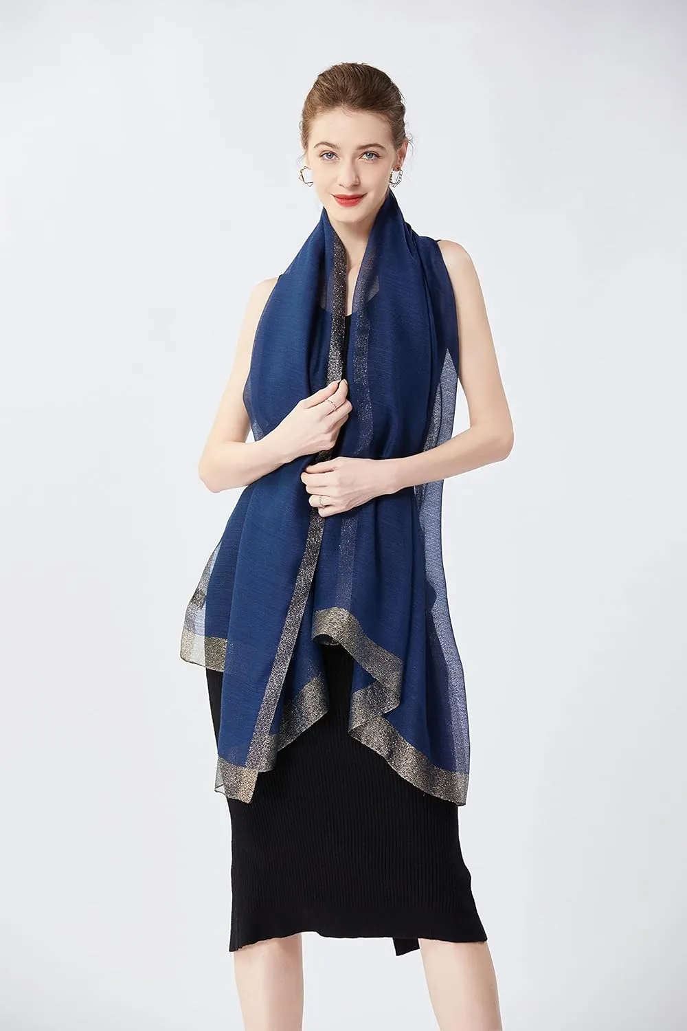 STARWHISPER Women's Gold Trim Silk Scarf Shawl Wrap - Elegant Accessory for Evening Dress - Gift Packaged