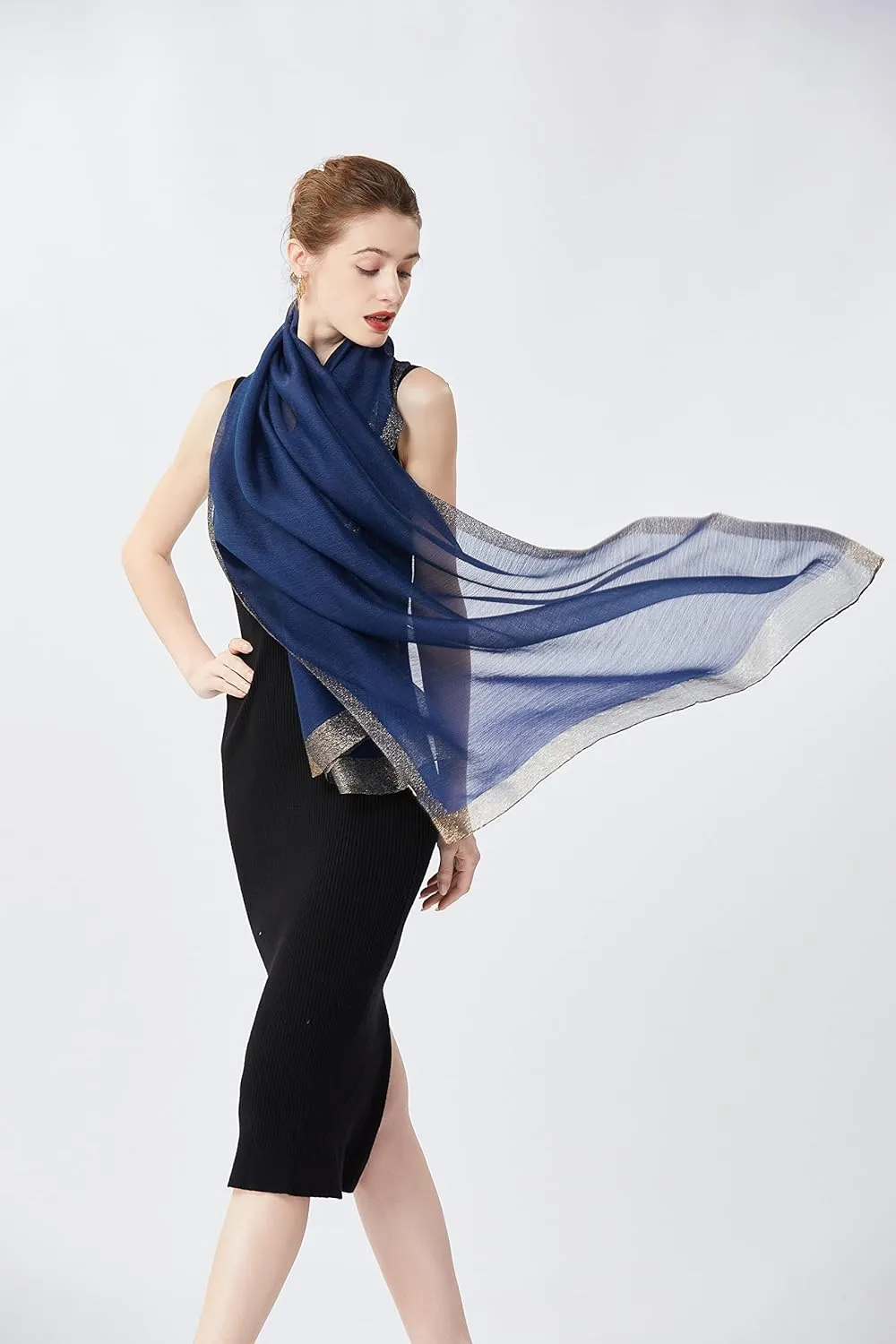 STARWHISPER Women's Gold Trim Silk Scarf Shawl Wrap - Elegant Accessory for Evening Dress - Gift Packaged