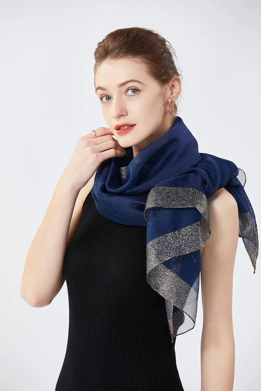 STARWHISPER Women's Gold Trim Silk Scarf Shawl Wrap - Elegant Accessory for Evening Dress - Gift Packaged