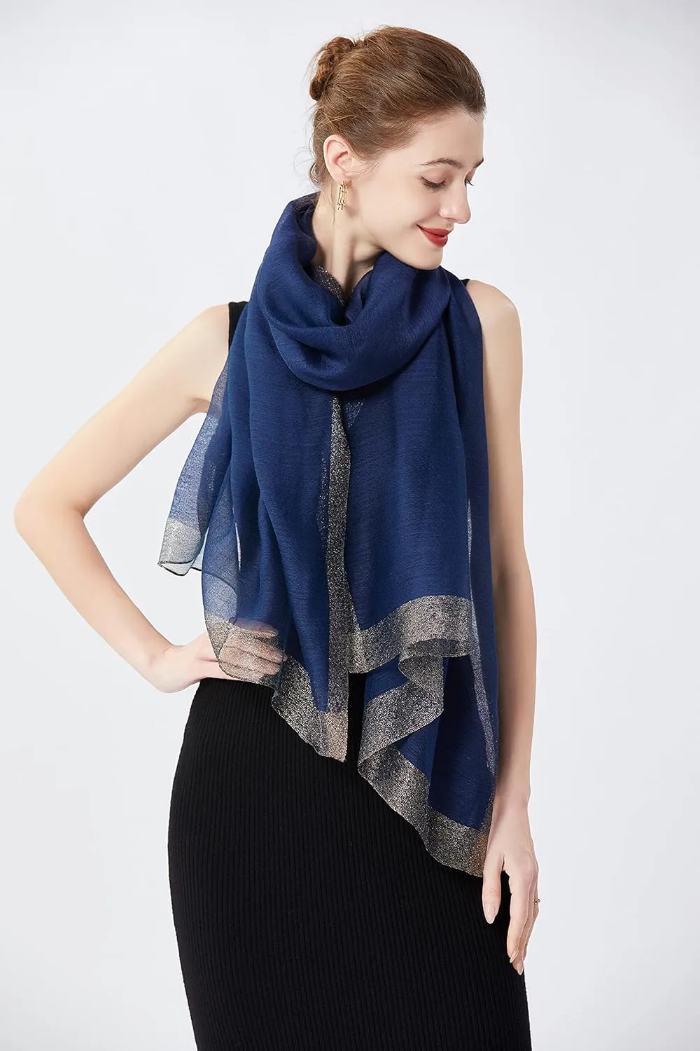STARWHISPER Women's Gold Trim Silk Scarf Shawl Wrap - Elegant Accessory for Evening Dress - Gift Packaged