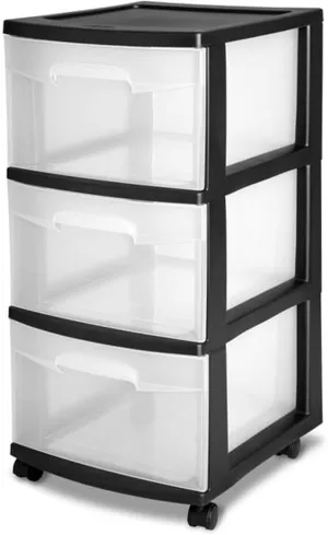 Sterilite 4 Pack Plastic Storage Organizer, 3 Drawer Rolling Bin Cart, Closet Organization, Black