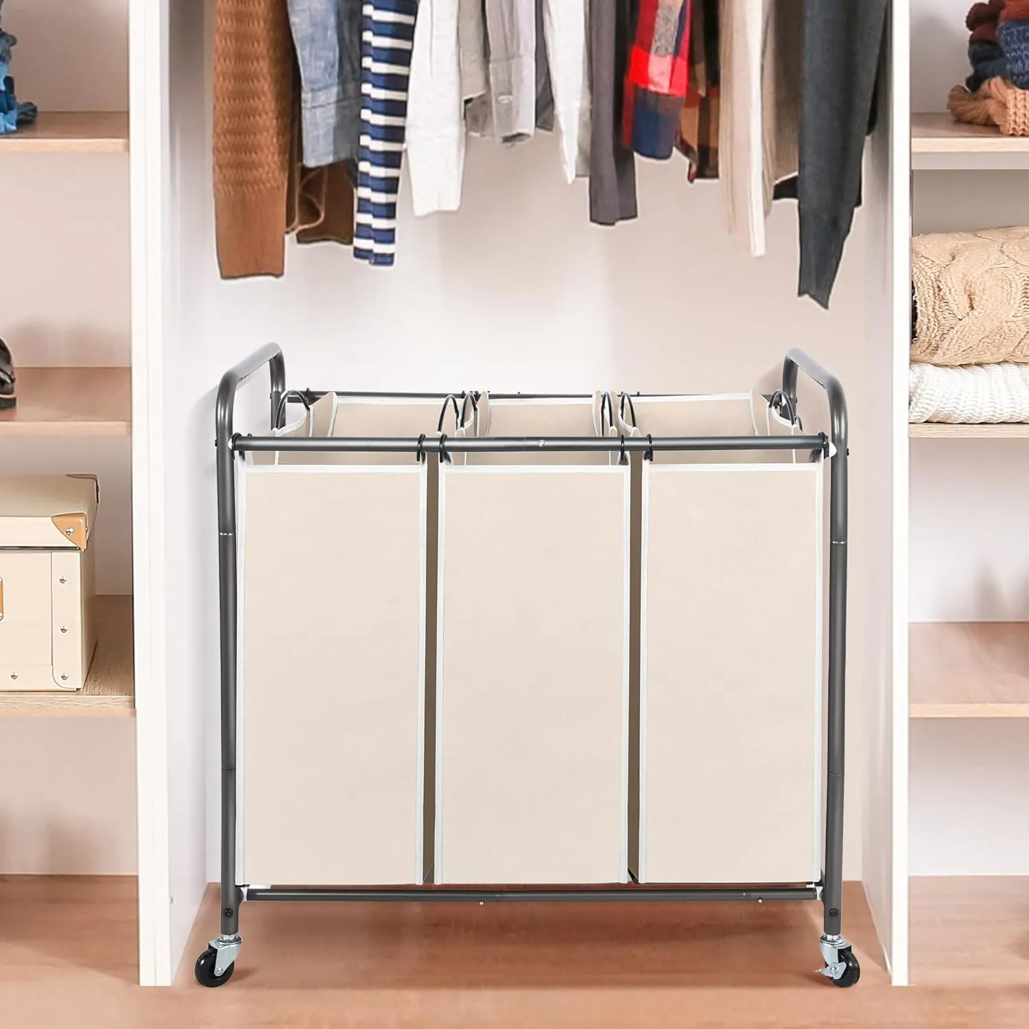 STO STO Laundry Sorter 3 Section, 3 Bag Laundry Hamper, Rolling Laundry Cart, Laundry Basket with Heavy Duty Lockable Wheels and Removable Bag for Clothes Storage, Beige