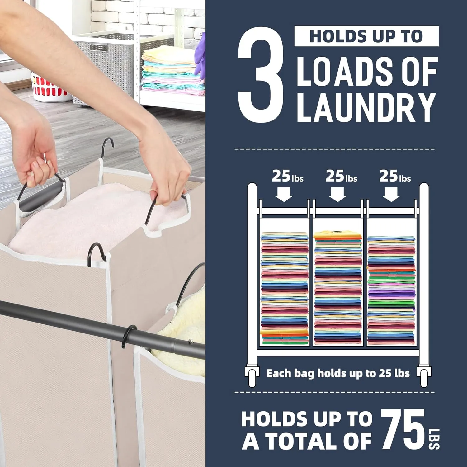 STO STO Laundry Sorter 3 Section, 3 Bag Laundry Hamper, Rolling Laundry Cart, Laundry Basket with Heavy Duty Lockable Wheels and Removable Bag for Clothes Storage, Beige
