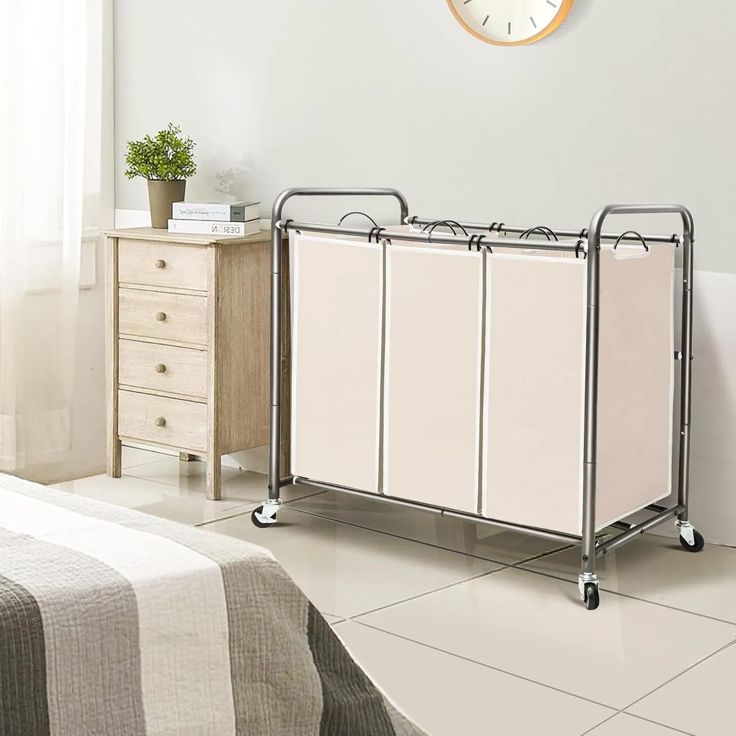 STO STO Laundry Sorter 3 Section, 3 Bag Laundry Hamper, Rolling Laundry Cart, Laundry Basket with Heavy Duty Lockable Wheels and Removable Bag for Clothes Storage, Beige