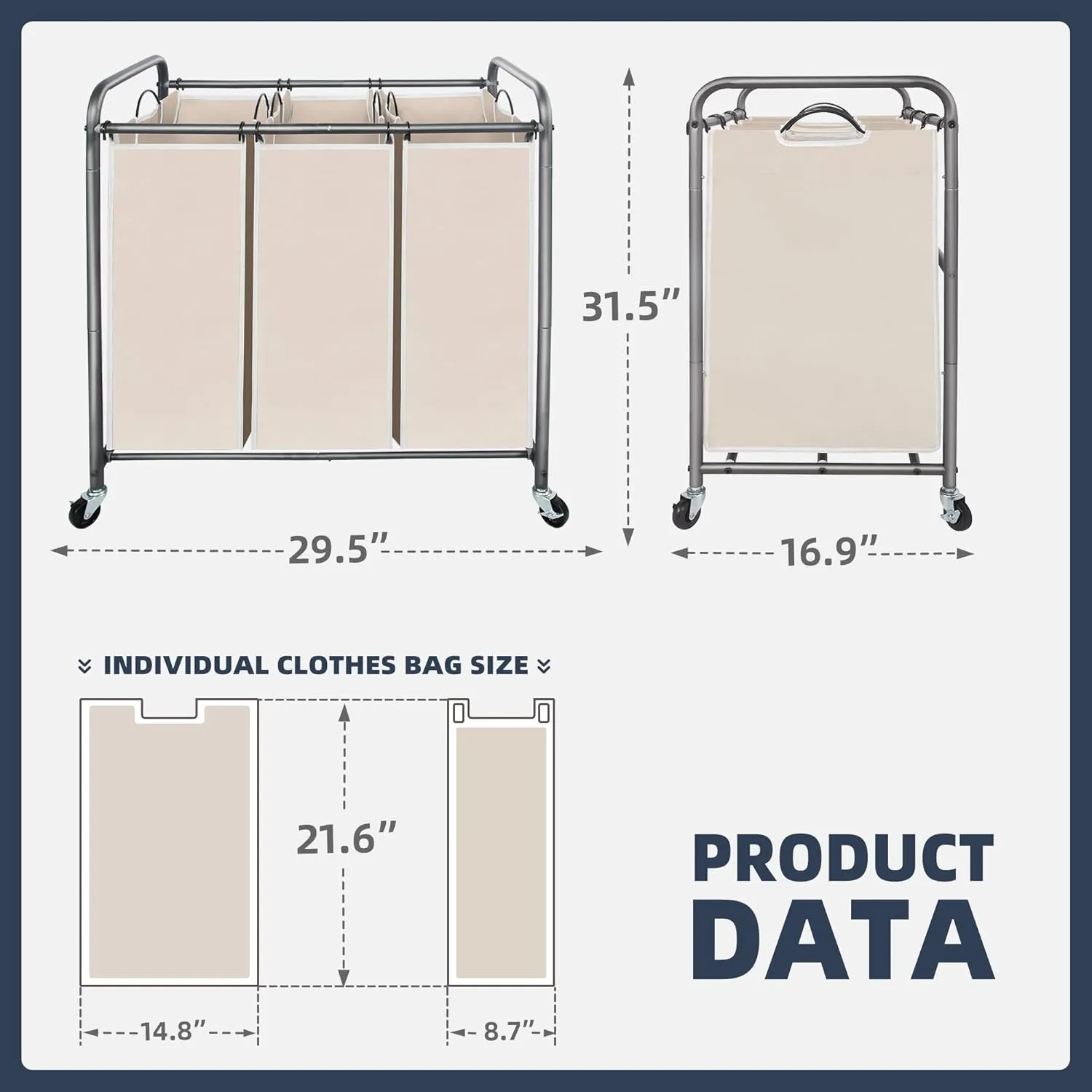 STO STO Laundry Sorter 3 Section, 3 Bag Laundry Hamper, Rolling Laundry Cart, Laundry Basket with Heavy Duty Lockable Wheels and Removable Bag for Clothes Storage, Beige