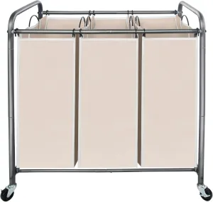 STO STO Laundry Sorter 3 Section, 3 Bag Laundry Hamper, Rolling Laundry Cart, Laundry Basket with Heavy Duty Lockable Wheels and Removable Bag for Clothes Storage, Beige