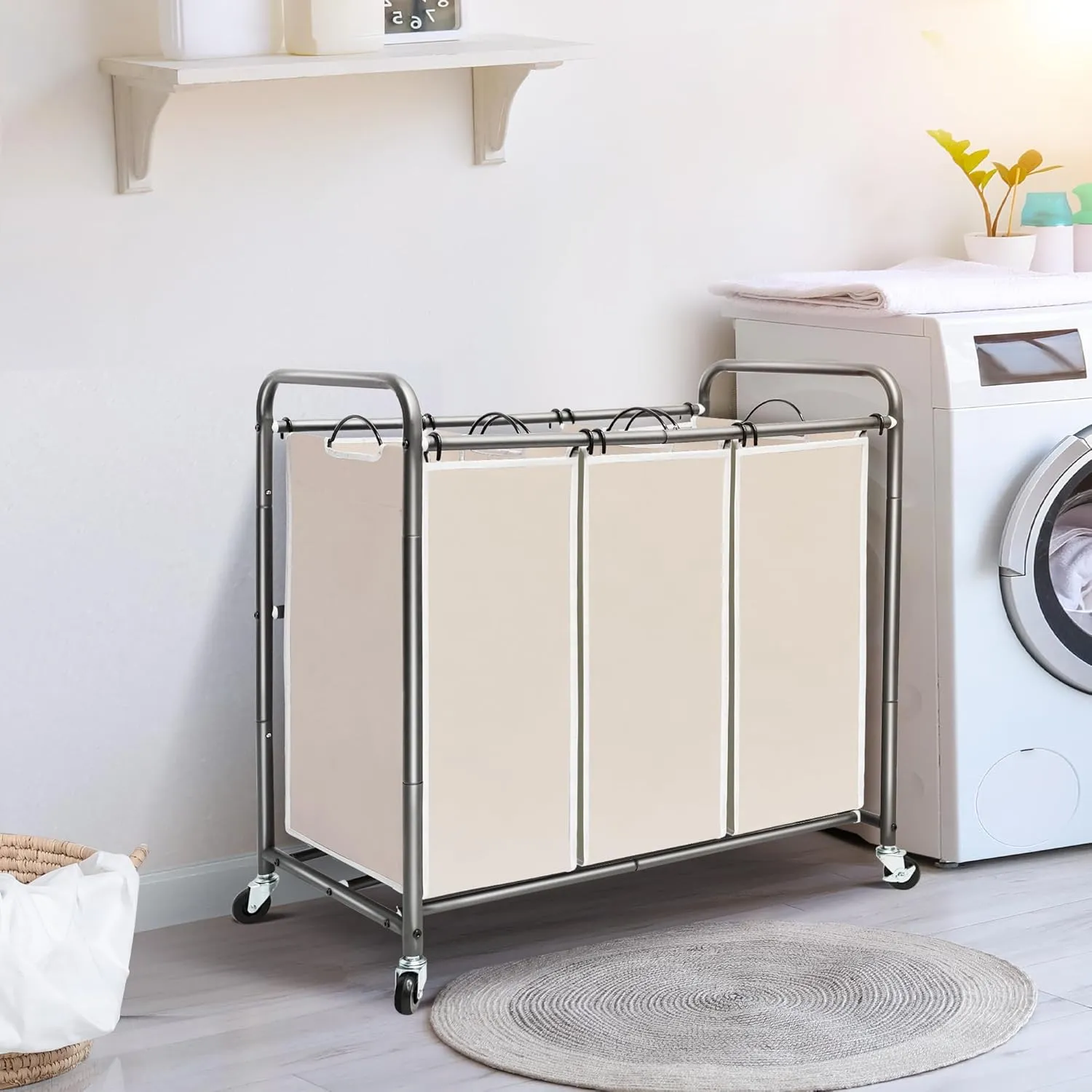 STO STO Laundry Sorter 3 Section, 3 Bag Laundry Hamper, Rolling Laundry Cart, Laundry Basket with Heavy Duty Lockable Wheels and Removable Bag for Clothes Storage, Beige