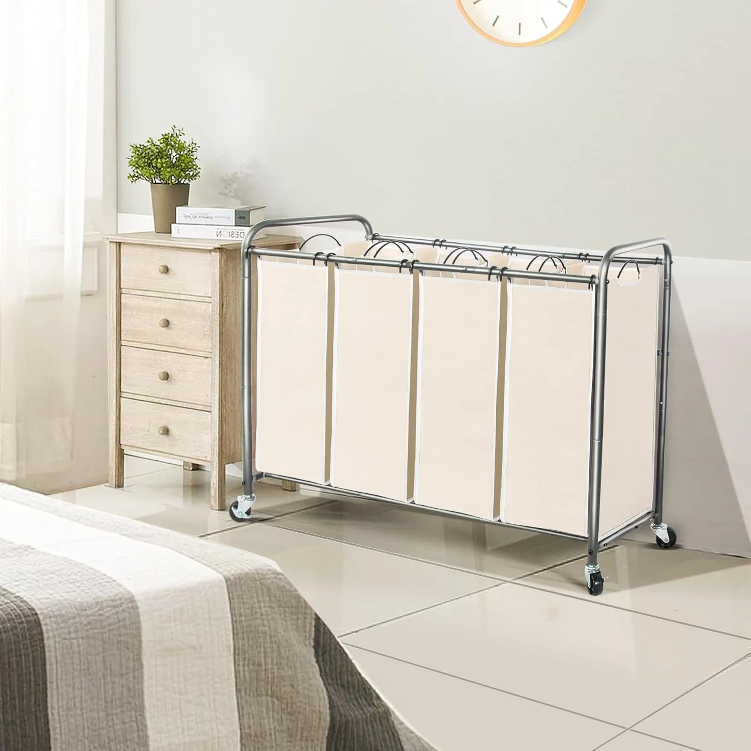 STO STO Laundry Sorter 4 Section, 4 Bag Laundry Hamper, Rolling Laundry Cart, Laundry Basket with Heavy Duty Lockable Wheels and Removable Bag for Clothes Storage, Beige