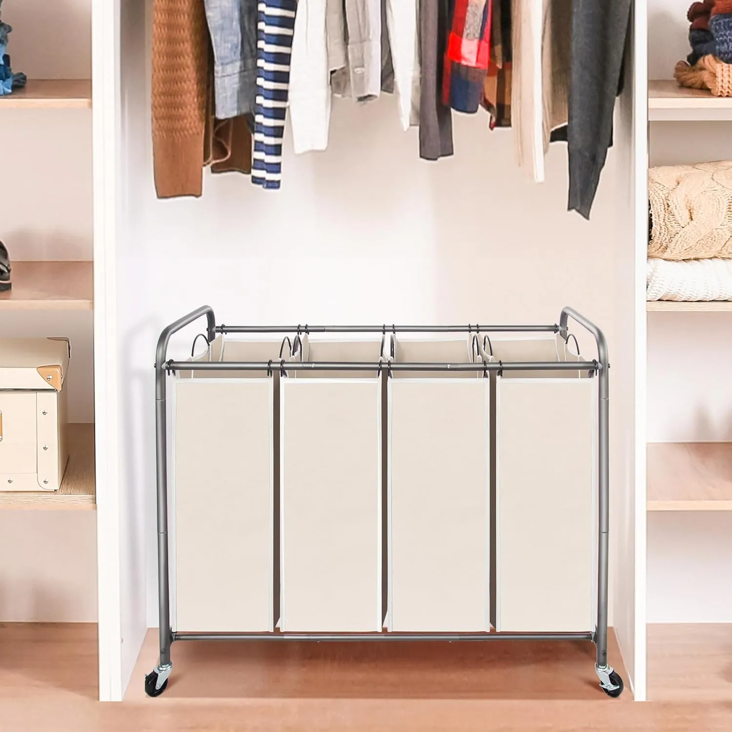 STO STO Laundry Sorter 4 Section, 4 Bag Laundry Hamper, Rolling Laundry Cart, Laundry Basket with Heavy Duty Lockable Wheels and Removable Bag for Clothes Storage, Beige