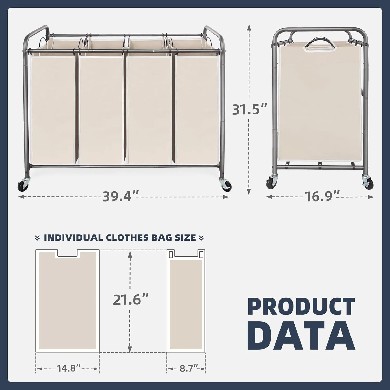 STO STO Laundry Sorter 4 Section, 4 Bag Laundry Hamper, Rolling Laundry Cart, Laundry Basket with Heavy Duty Lockable Wheels and Removable Bag for Clothes Storage, Beige