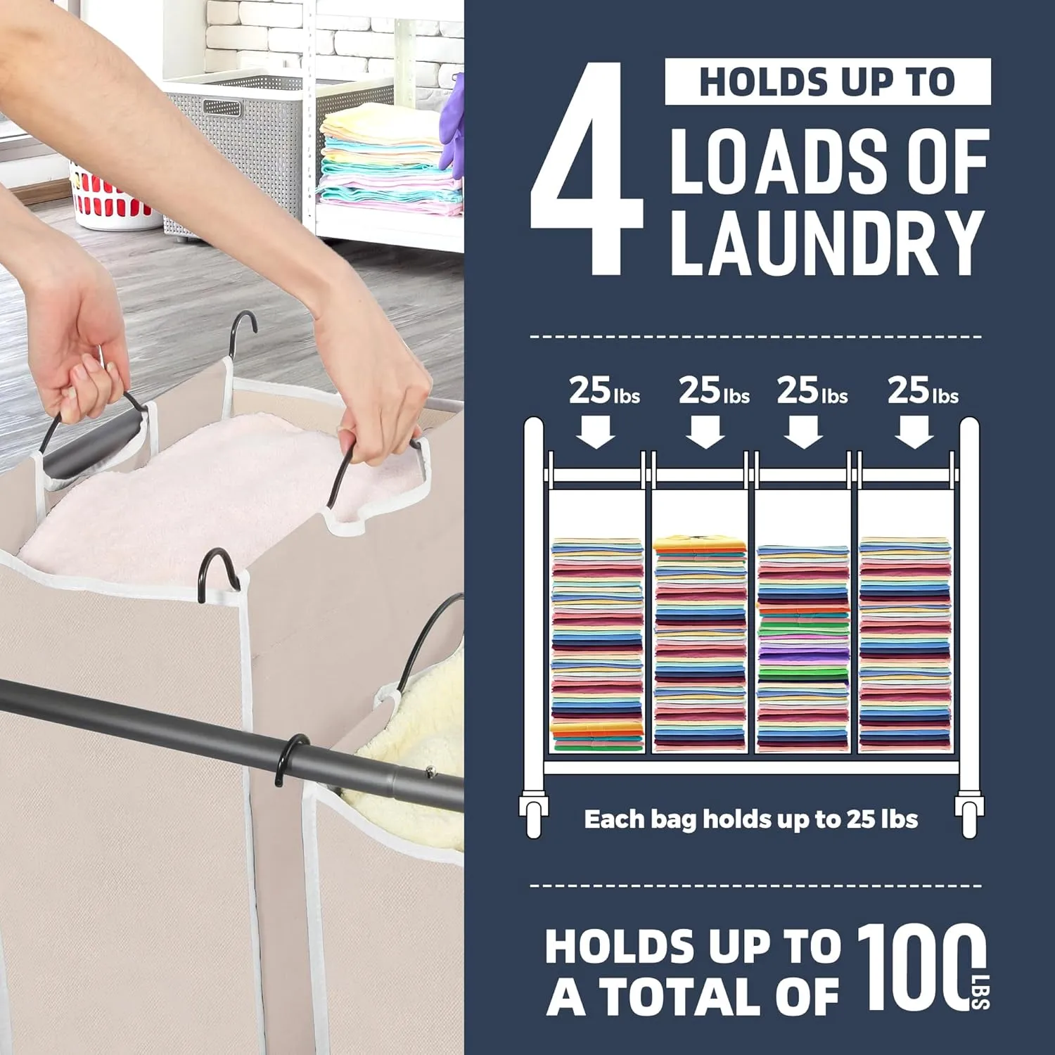 STO STO Laundry Sorter 4 Section, 4 Bag Laundry Hamper, Rolling Laundry Cart, Laundry Basket with Heavy Duty Lockable Wheels and Removable Bag for Clothes Storage, Beige