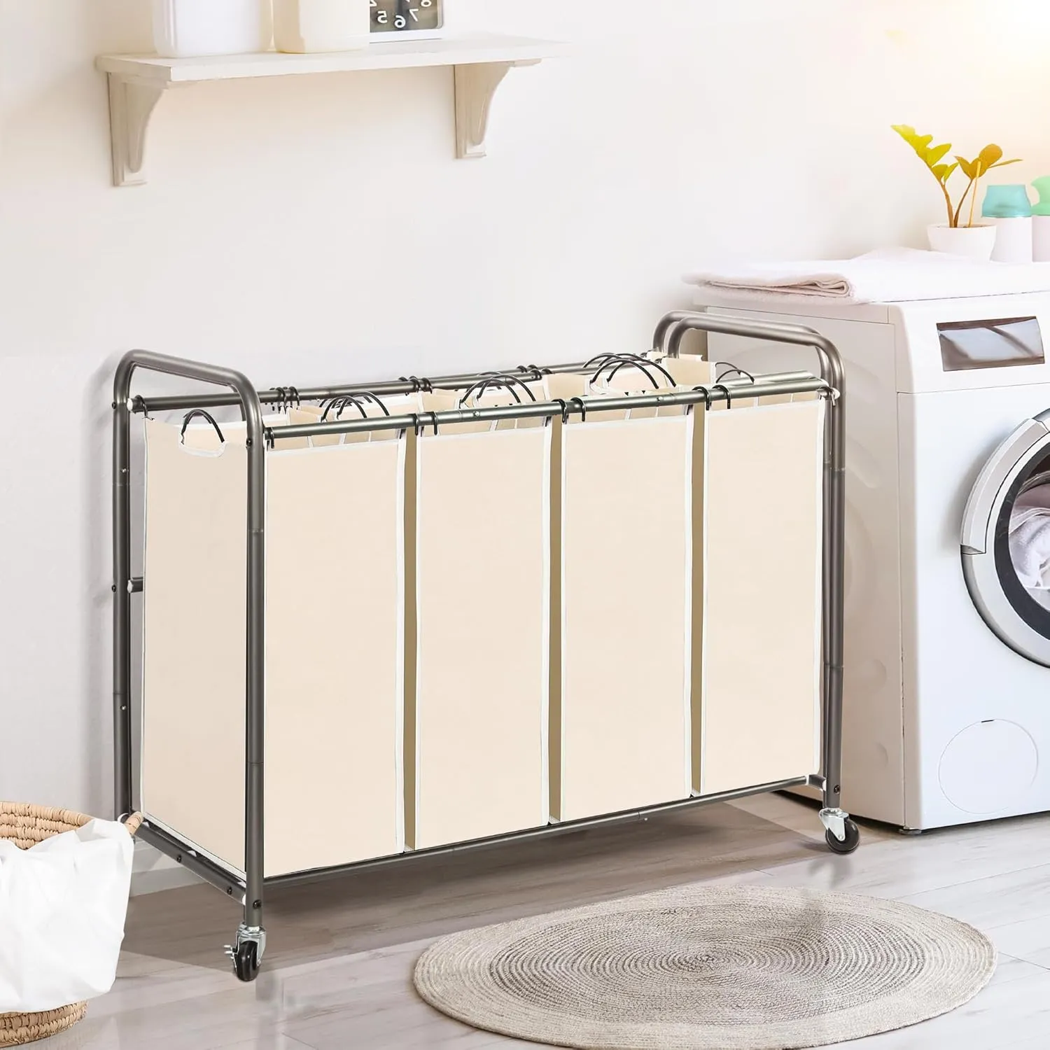 STO STO Laundry Sorter 4 Section, 4 Bag Laundry Hamper, Rolling Laundry Cart, Laundry Basket with Heavy Duty Lockable Wheels and Removable Bag for Clothes Storage, Beige