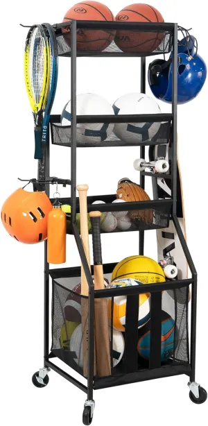 STORAGE MANIAC Ball Storage Bin Rolling Sports Ball Cart, Metal Garage Organizer Sport Rack Basketball Storage Cage for Garage or Gym, Indoor & Outdoor Sports Equipment Organizer