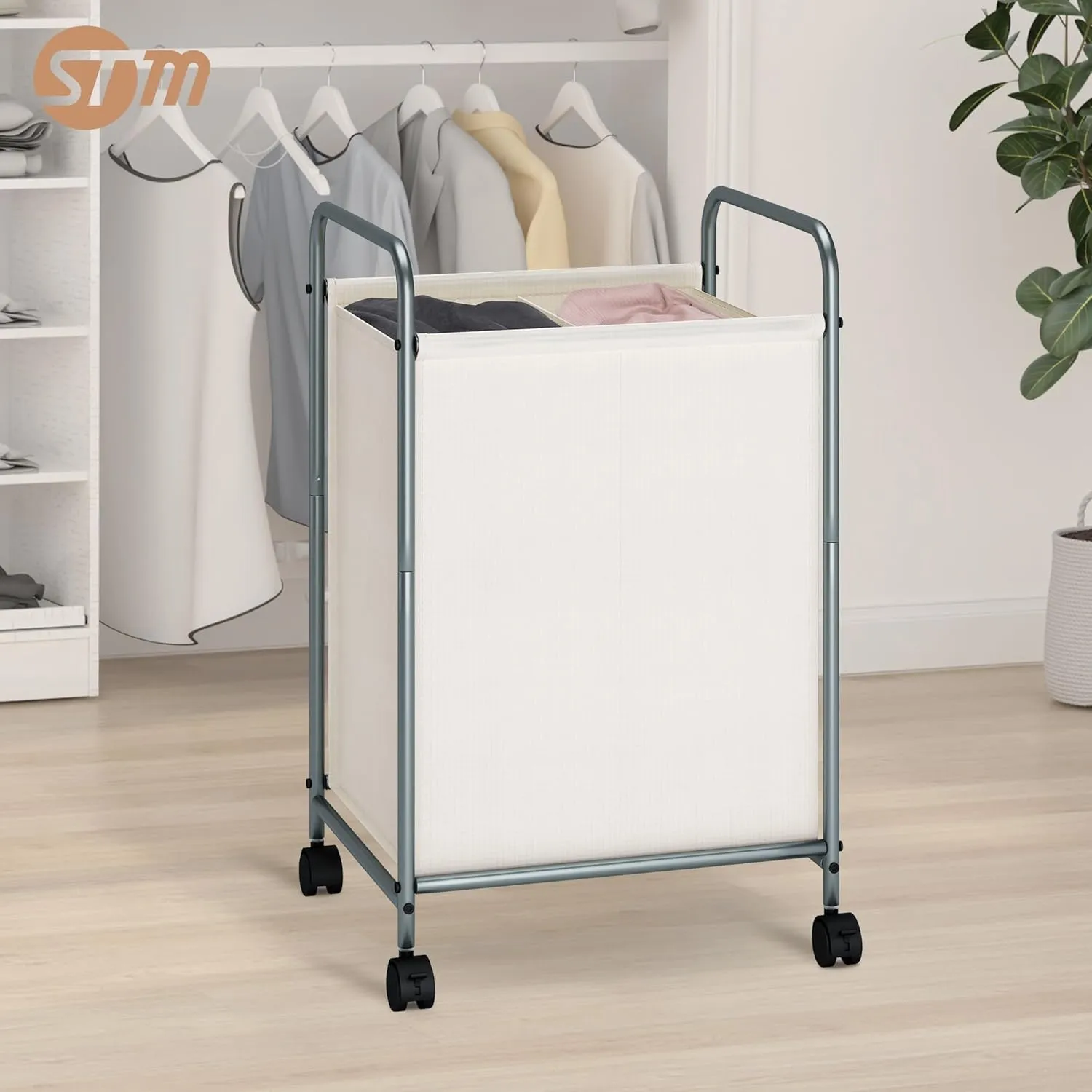 STORAGE MANIAC Laundry Hamper, 100L Rolling Laundry Sorter Cart, Lockable Wheels, 2 Section Beige