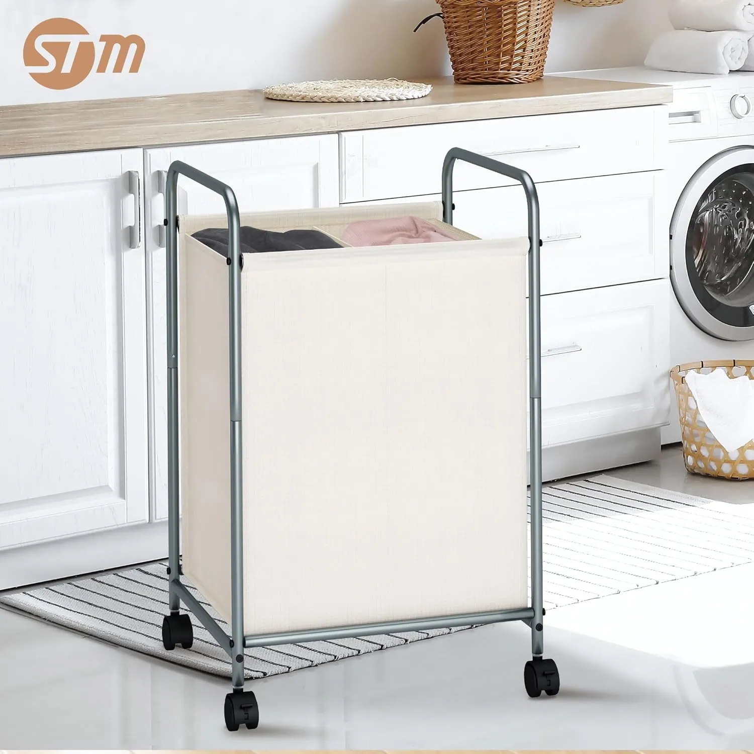 STORAGE MANIAC Laundry Hamper, 100L Rolling Laundry Sorter Cart, Lockable Wheels, 2 Section Beige