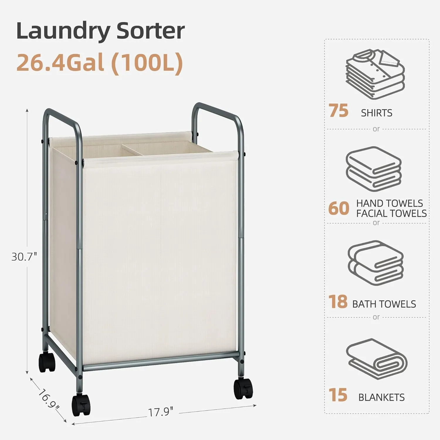 STORAGE MANIAC Laundry Hamper, 100L Rolling Laundry Sorter Cart, Lockable Wheels, 2 Section Beige