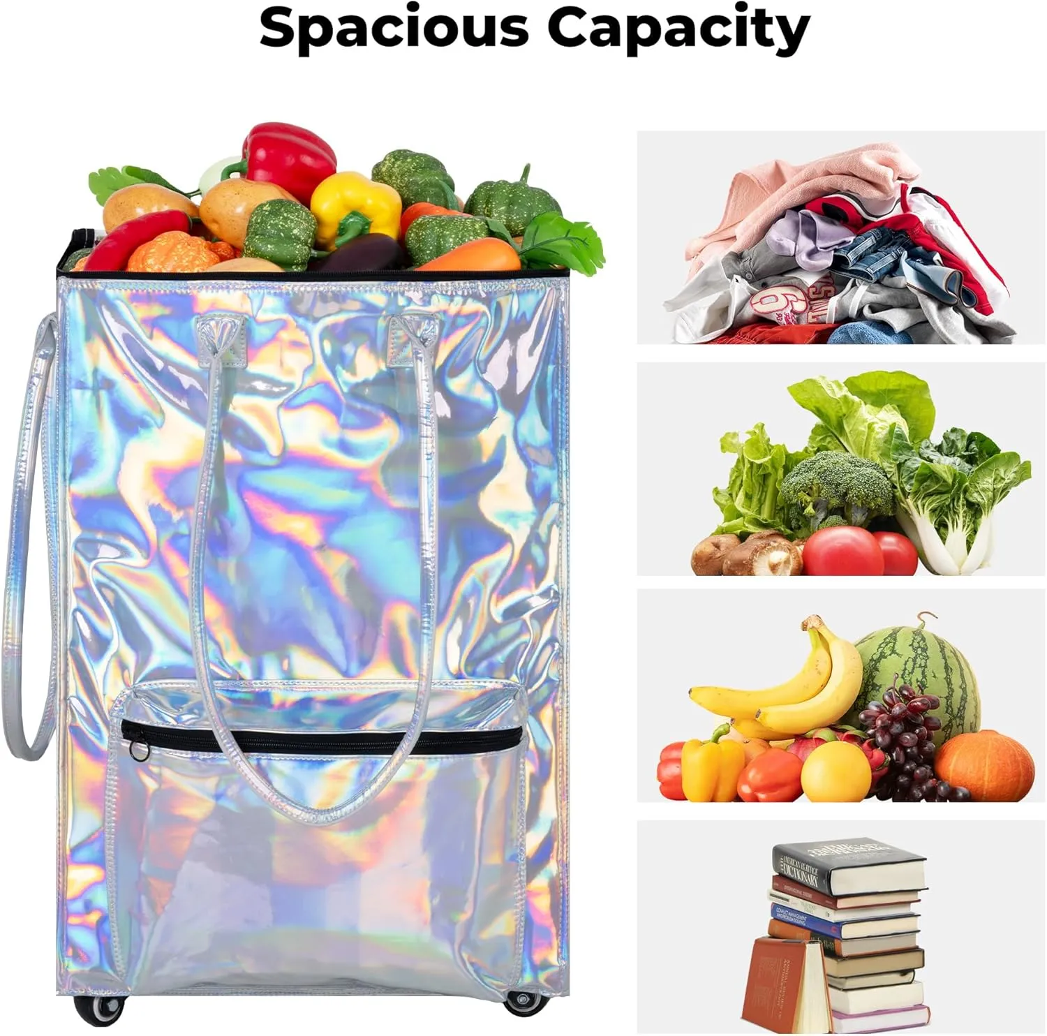 StorageWorks Grocery Cart on Wheels, Zipper Closure Rolling Bag, Shopping Trolley Carries Up to 44 lb, Rolling Tote Bag with Handles, Silver, 72L, Medium