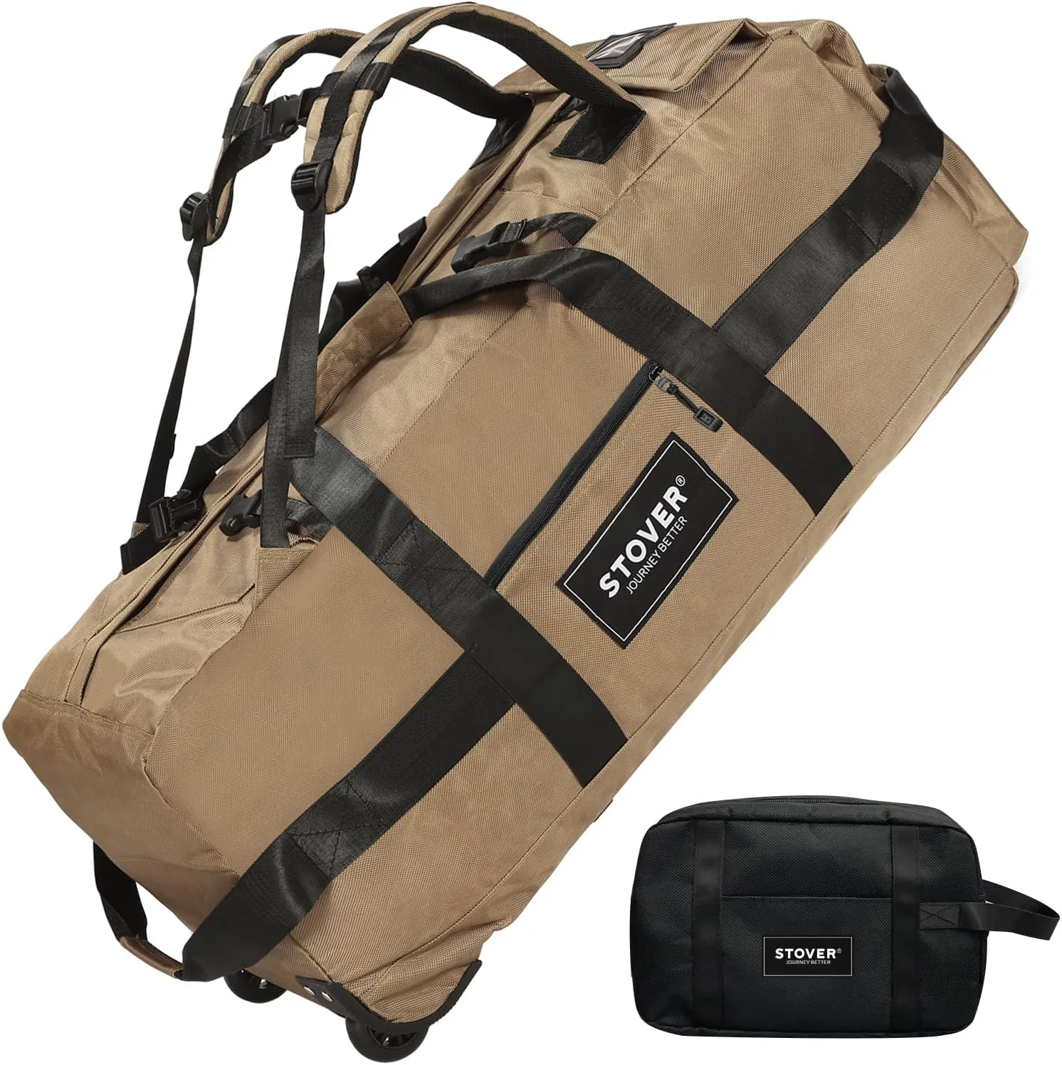 STOVER 80L Rolling Duffel Bag with Wheels, Large 31 Inch Durable Travel Duffle Bag   Toiletry Bag, Heavy Duty, Packable, Foldable w/Shoulder Straps- Use as Luggage or Backpack, Men/Women (Tan)