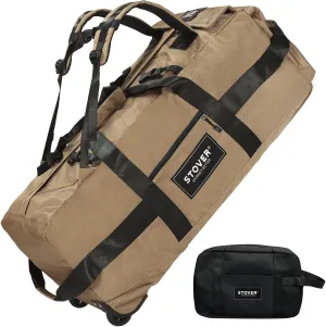 STOVER 80L Rolling Duffel Bag with Wheels, Large 31 Inch Durable Travel Duffle Bag   Toiletry Bag, Heavy Duty, Packable, Foldable w/Shoulder Straps- Use as Luggage or Backpack, Men/Women (Tan)