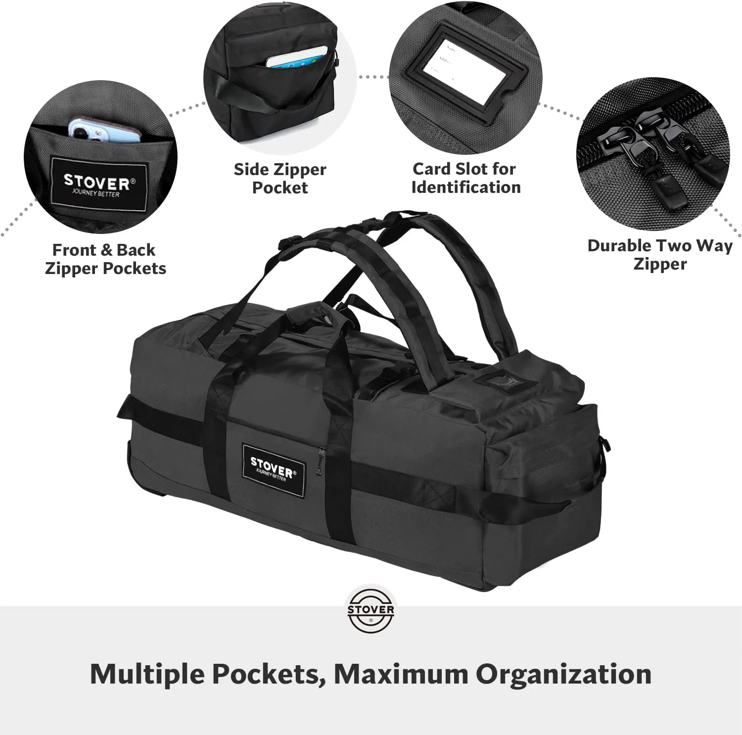 STOVER 80L Rolling Duffel Bag with Wheels, Large 31 Inch Durable Travel Duffle   Toiletry Bag, Heavy Duty, Packable, Foldable w/Shoulder Straps- Use as Luggage or Backpack, Men/Women (Black)