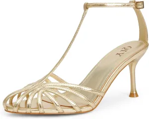 Strappy Heels for Women Cage Round Toe Heel Sandals Ankle T Strap Stiletto High Heels Dress Shoes
