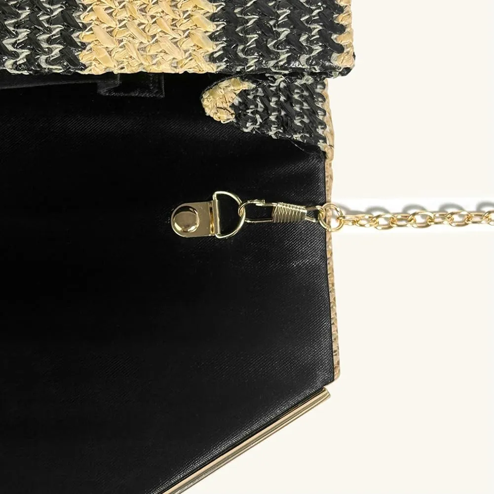 Straw Clutch Purse for Women Color-block Striped Woven Evening Bag Summer Beach Envelope Purse Crossbody Shoulder Bag
