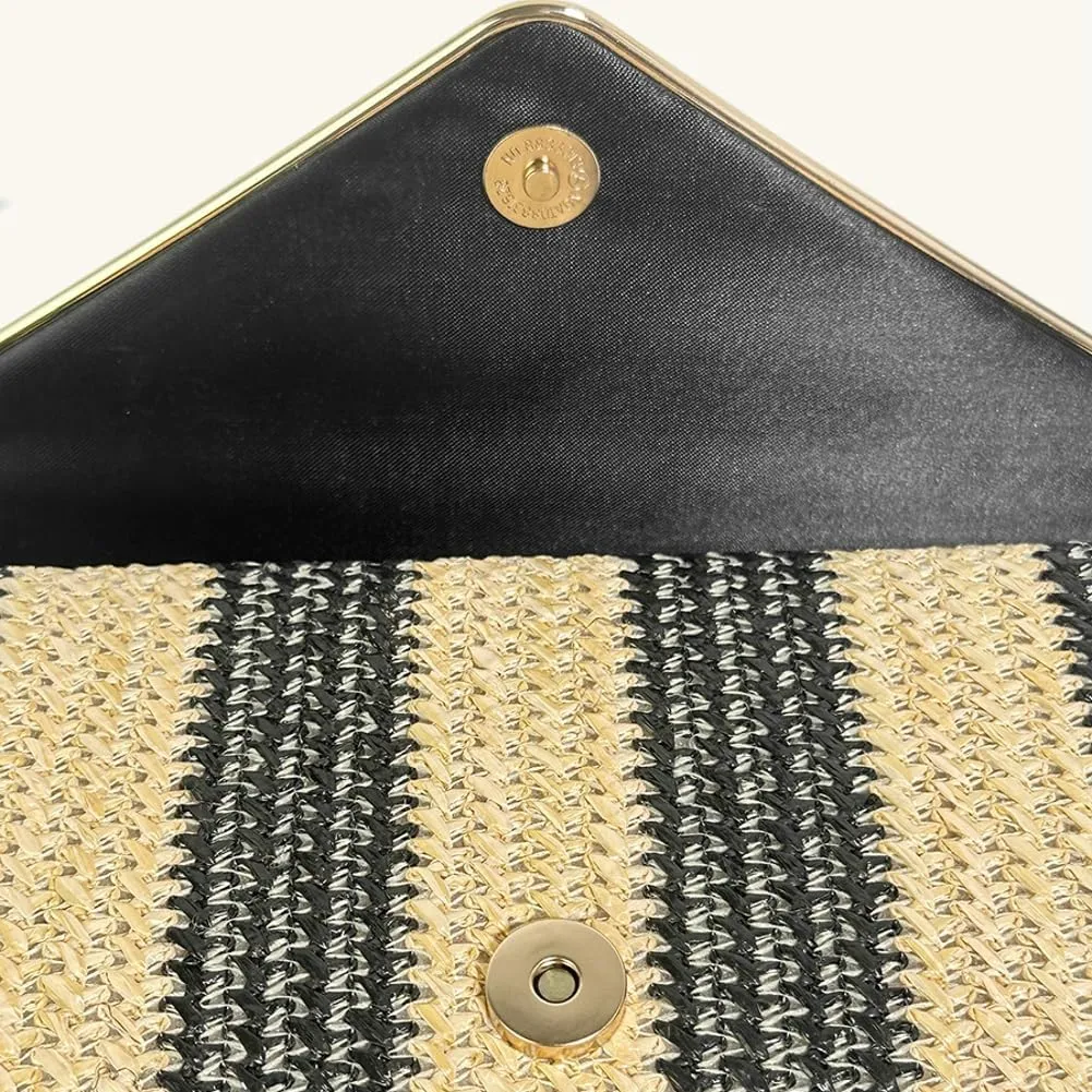 Straw Clutch Purse for Women Color-block Striped Woven Evening Bag Summer Beach Envelope Purse Crossbody Shoulder Bag